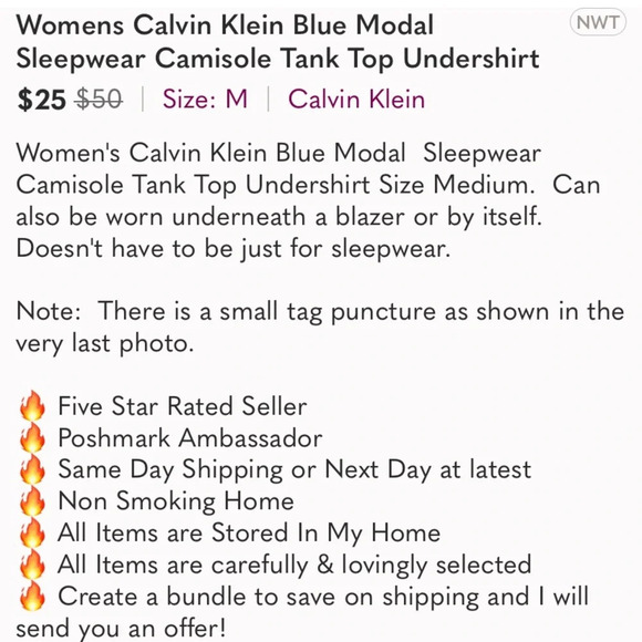 Womens Calvin Klein Blue Modal Sleepwear Camisole Tank Top Undershirt - Picture 12 of 12